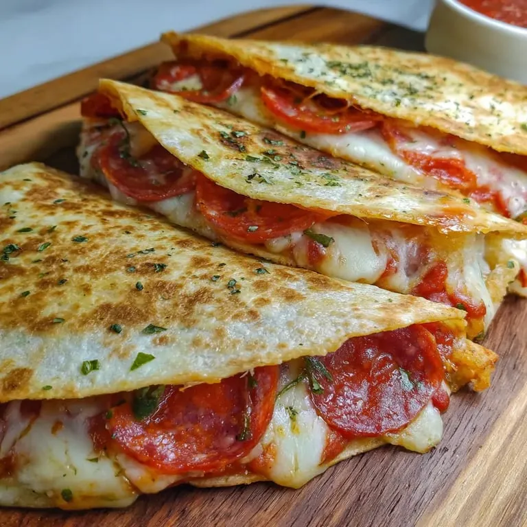 Two pieces of pizza on a wooden board.