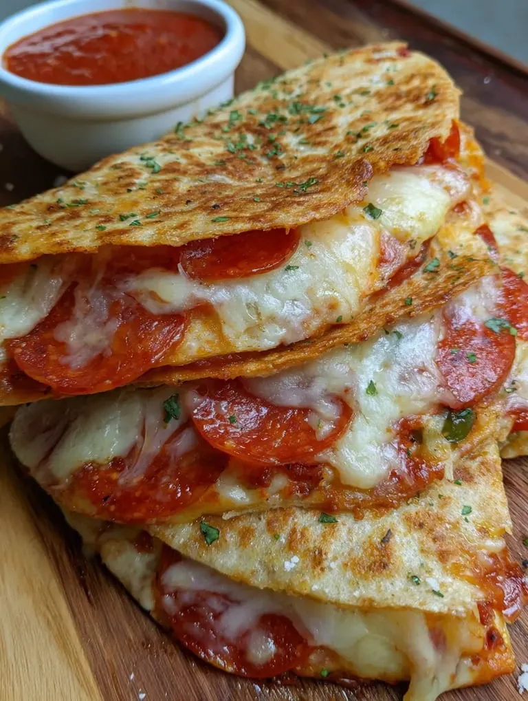 A stack of pizza slices with cheese and pepperoni.