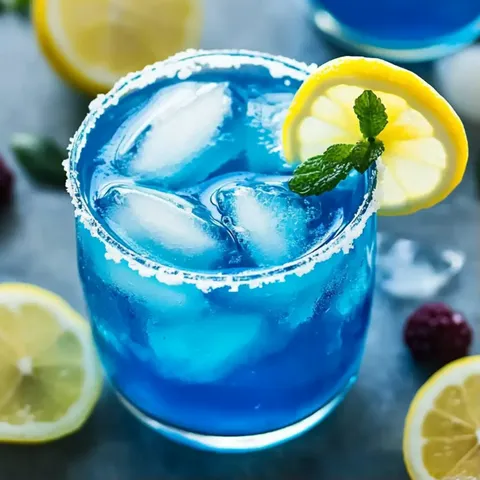 A glass of blue drink with lemon and mint.