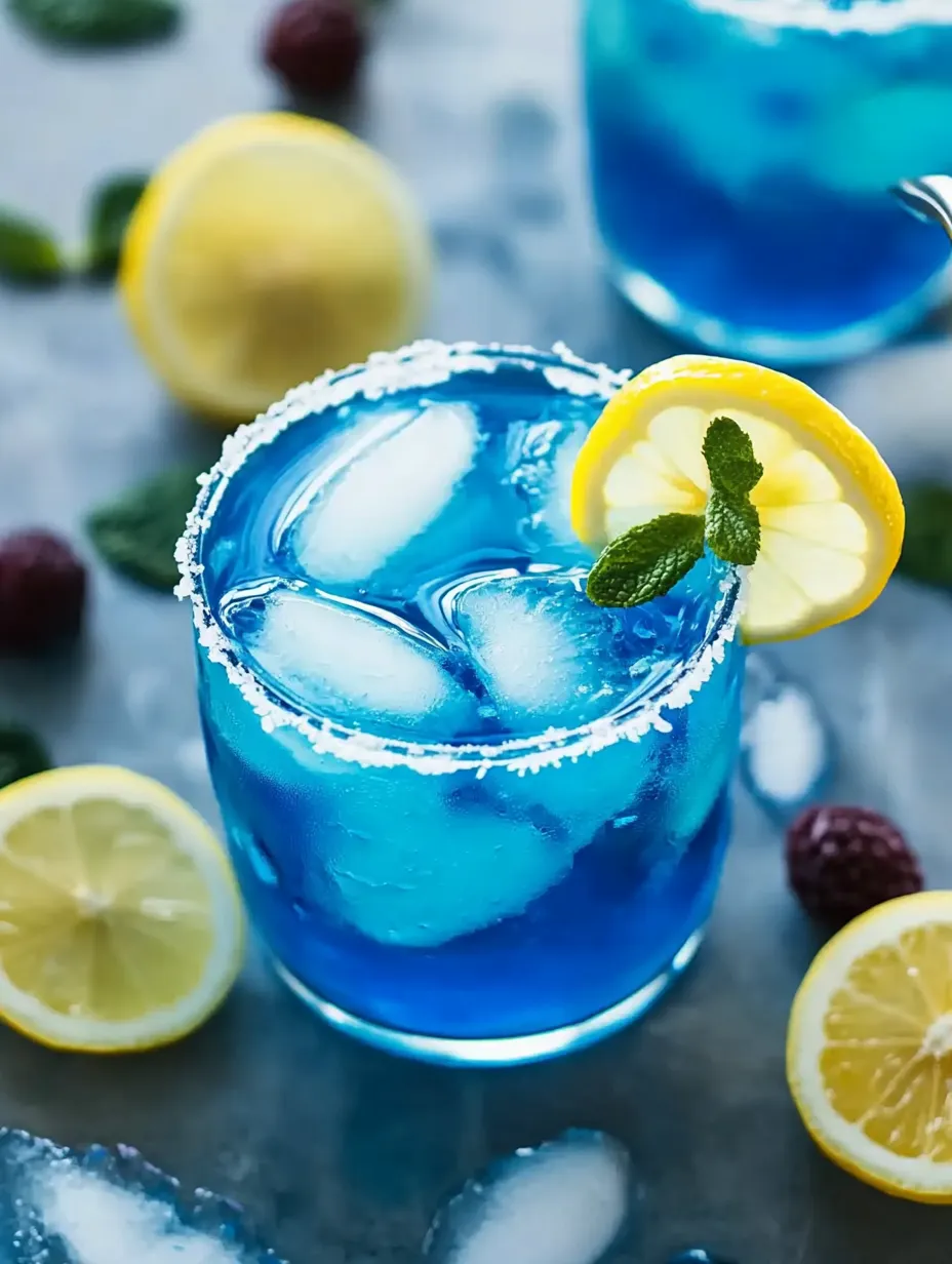 A blue drink with lemon and lime slices in it.