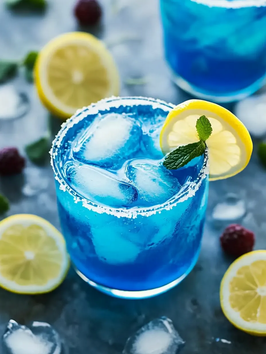 A blue drink with lemon and mint.