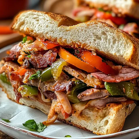 A sandwich with meat, tomatoes, peppers, and lettuce.