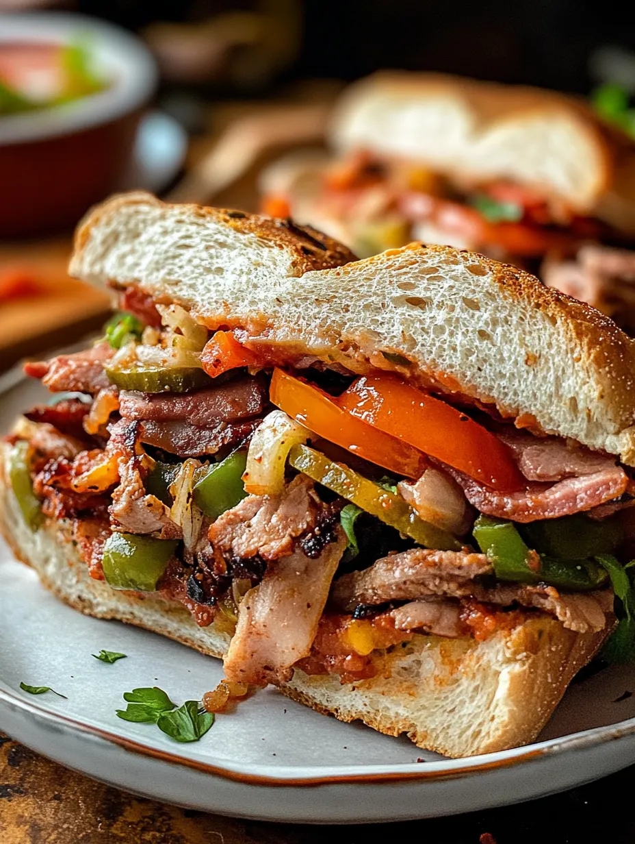 A sandwich with meat, peppers, and tomatoes.