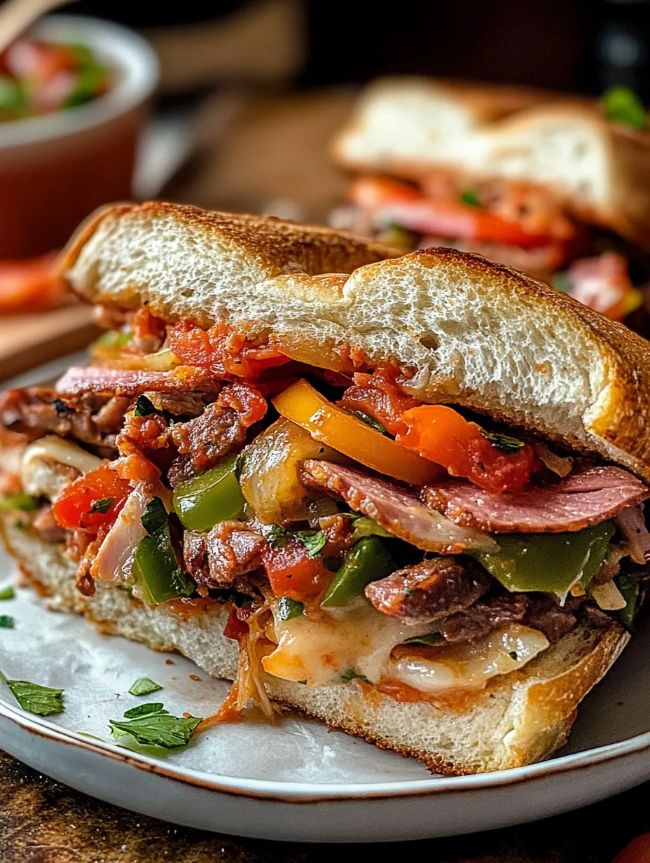 A sandwich with meat, peppers, and tomatoes.