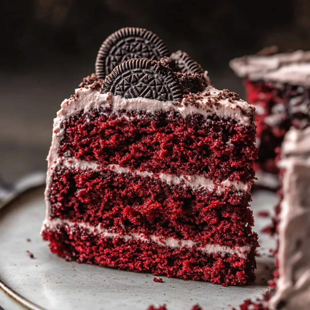 A slice of red velvet cake with chocolate chips.