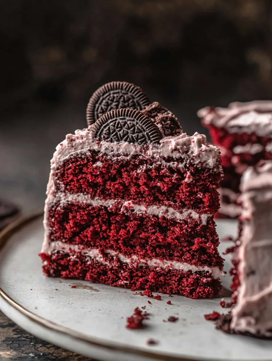 A slice of red velvet cake with a chocolate cookie on top.