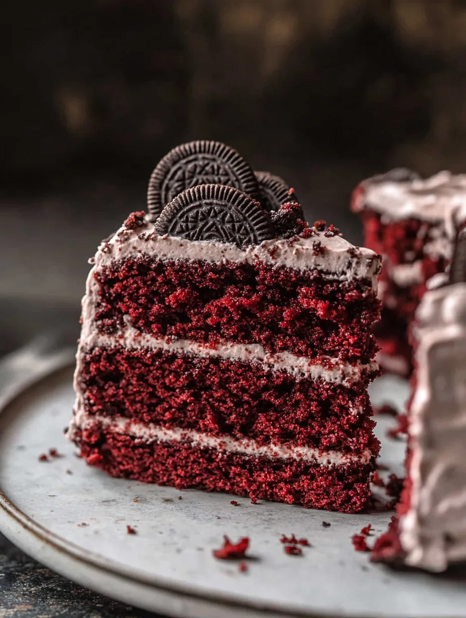 A slice of red velvet cake with chocolate cookies on top.