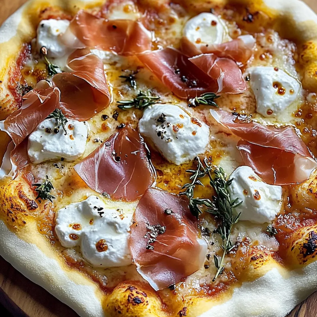 A pizza with ham and cheese on top.