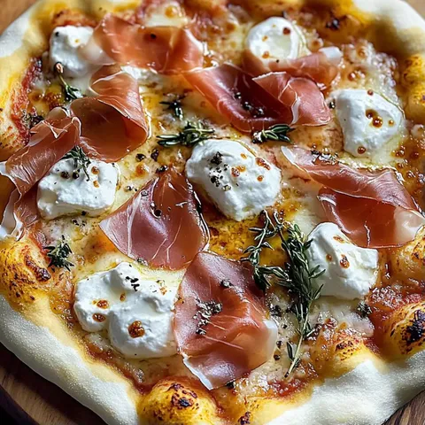 A pizza with ham and cheese on top.