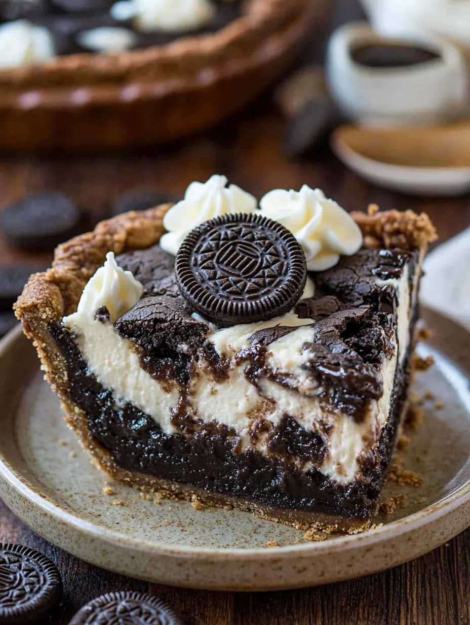 A slice of chocolate cake with white icing and an Oreo cookie on top.
