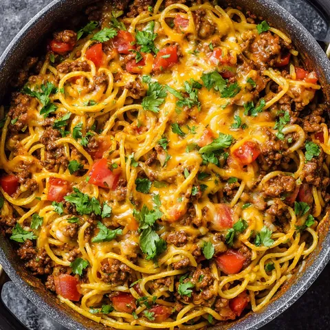 A bowl of spaghetti with meat sauce and tomatoes.