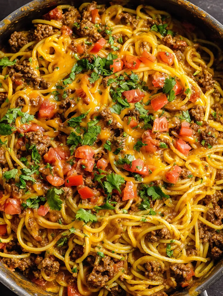 A bowl of spaghetti with meat and tomatoes.