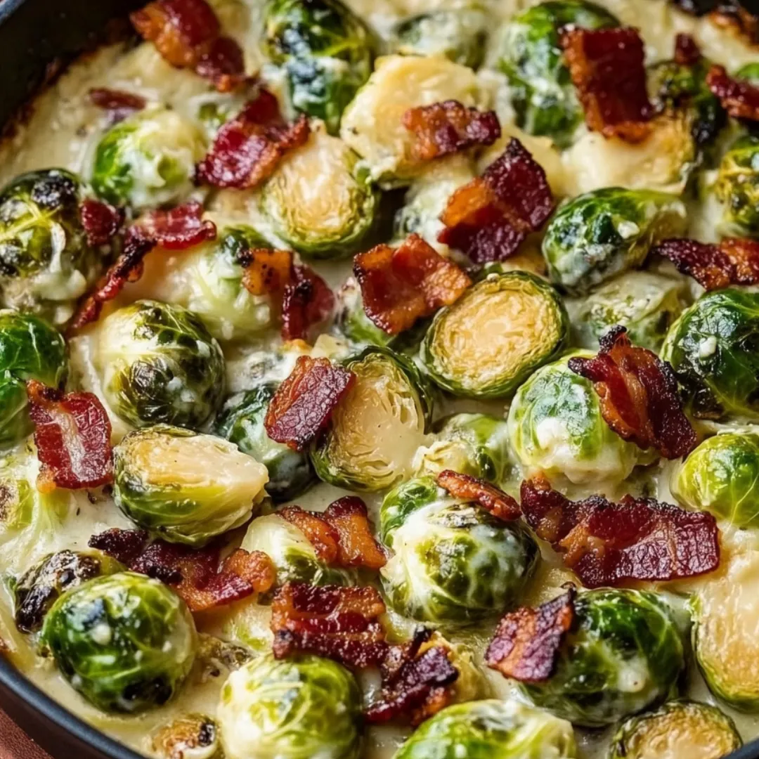 A dish of bacon and brussel sprouts.
