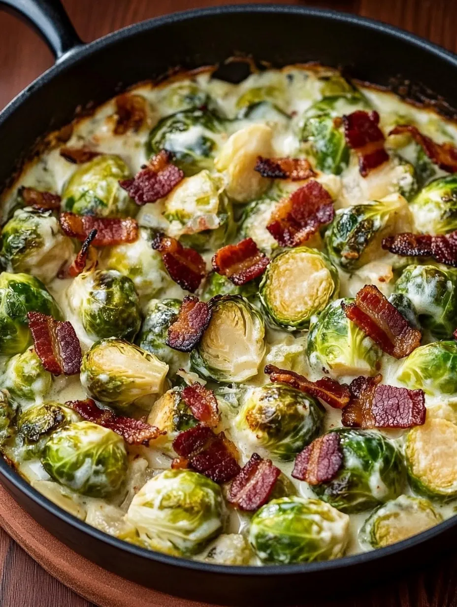 Bacon and Brussels Sprouts in a pan.