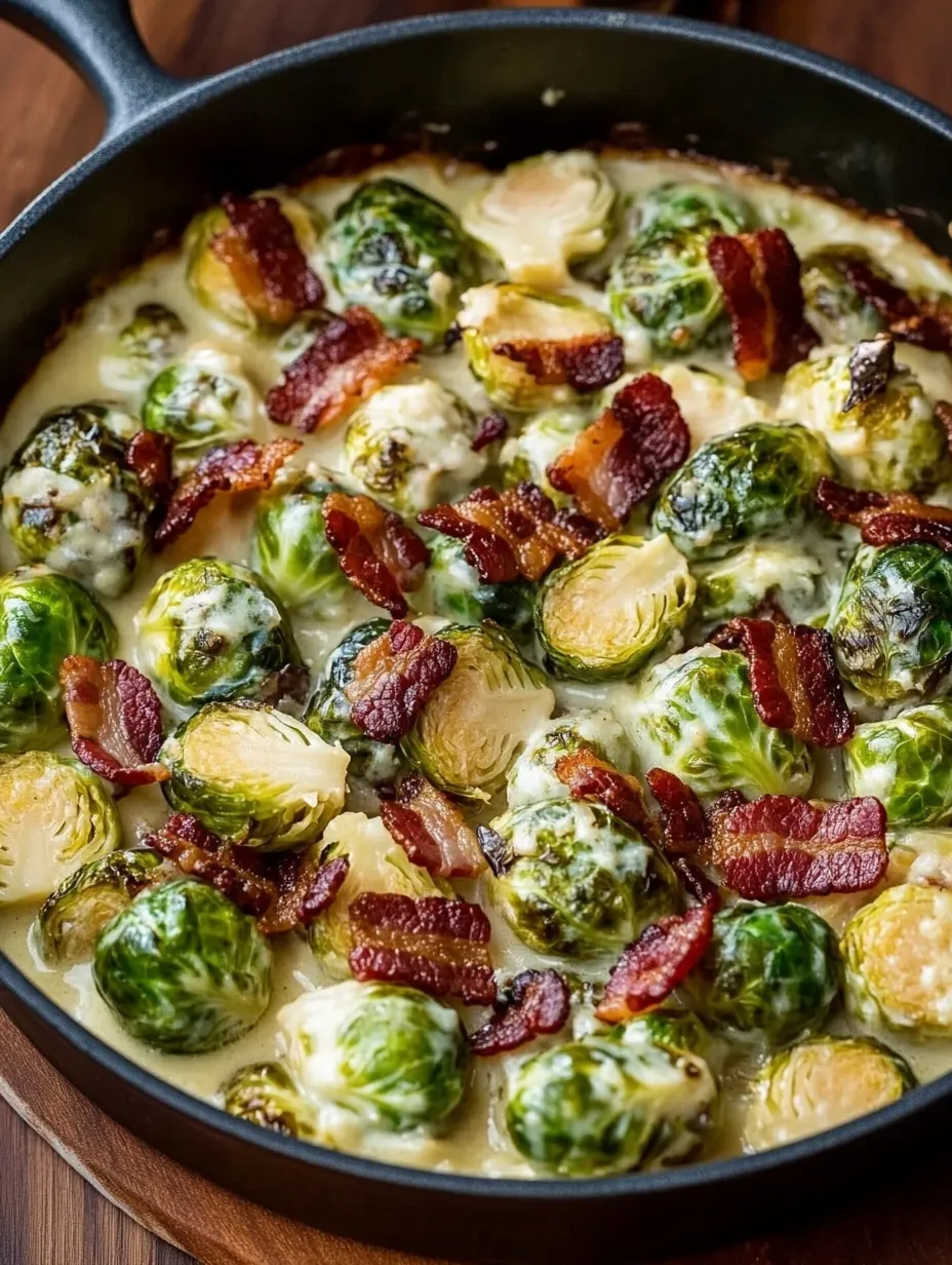 A close up of a dish with bacon and brussel sprouts.