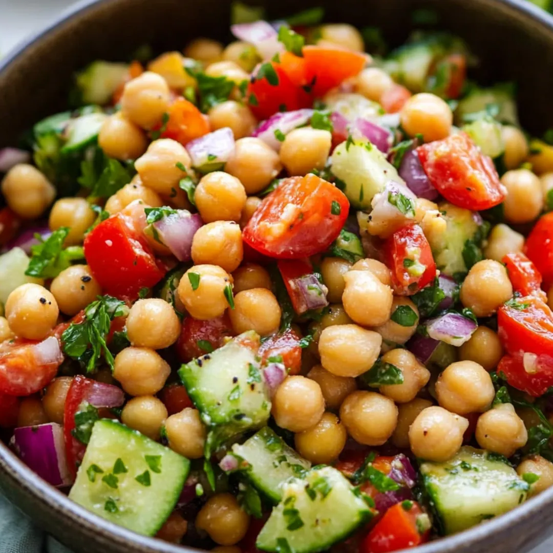 A bowl of vegetables including tomatoes, cucumbers, and chickpeas.