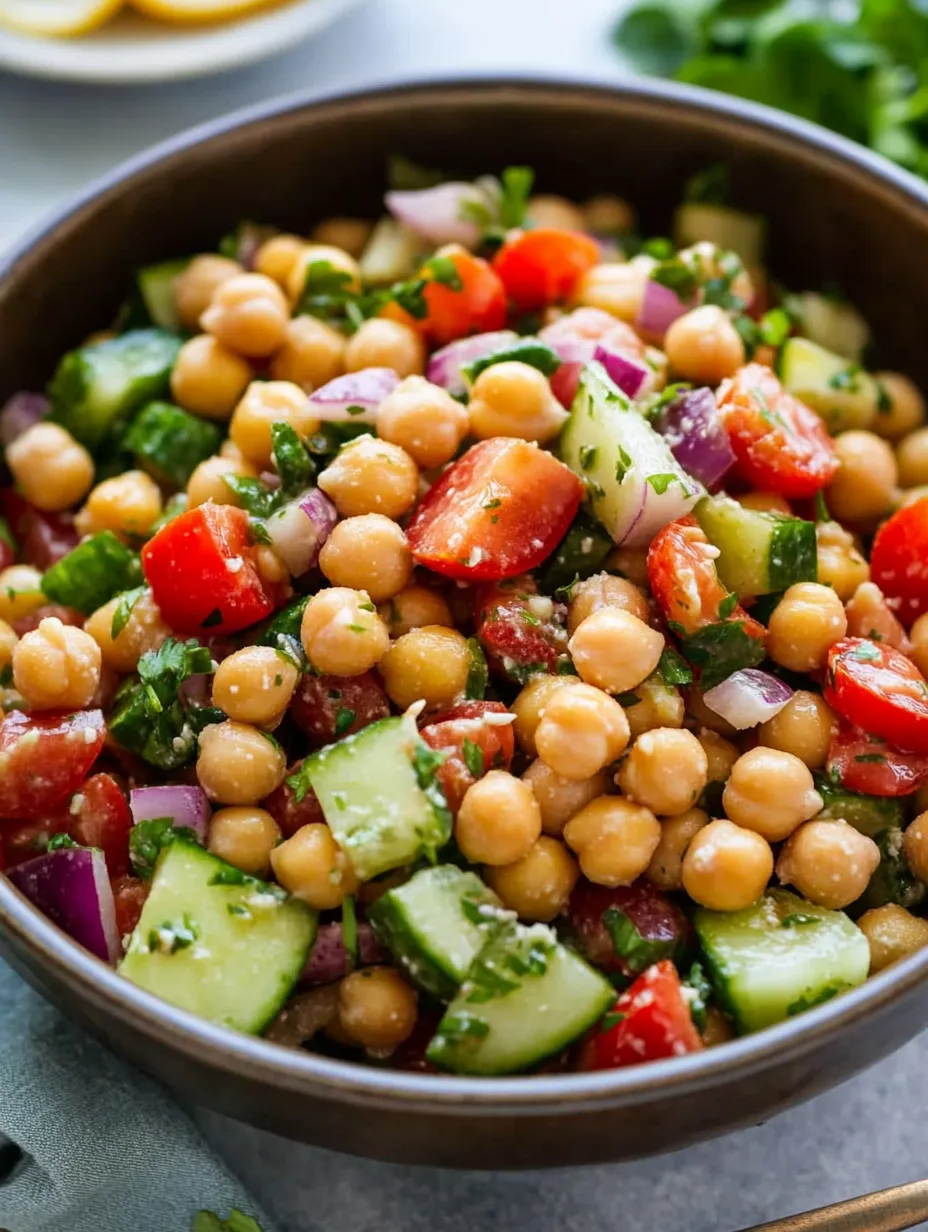 A bowl of chickpeas, tomatoes, and cucumbers.