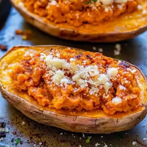 Two slices of roasted sweet potato with cheese on top.