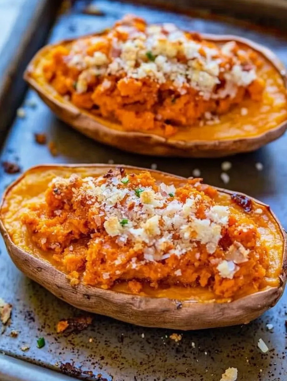 Two sliced sweet potatoes with cheese on top.