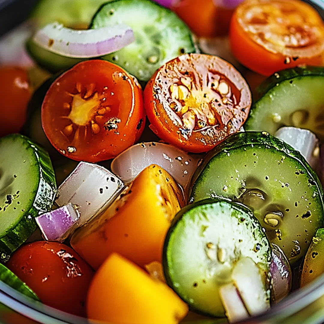 A bowl of vegetables including tomatoes, cucumbers, onions, and peppers.