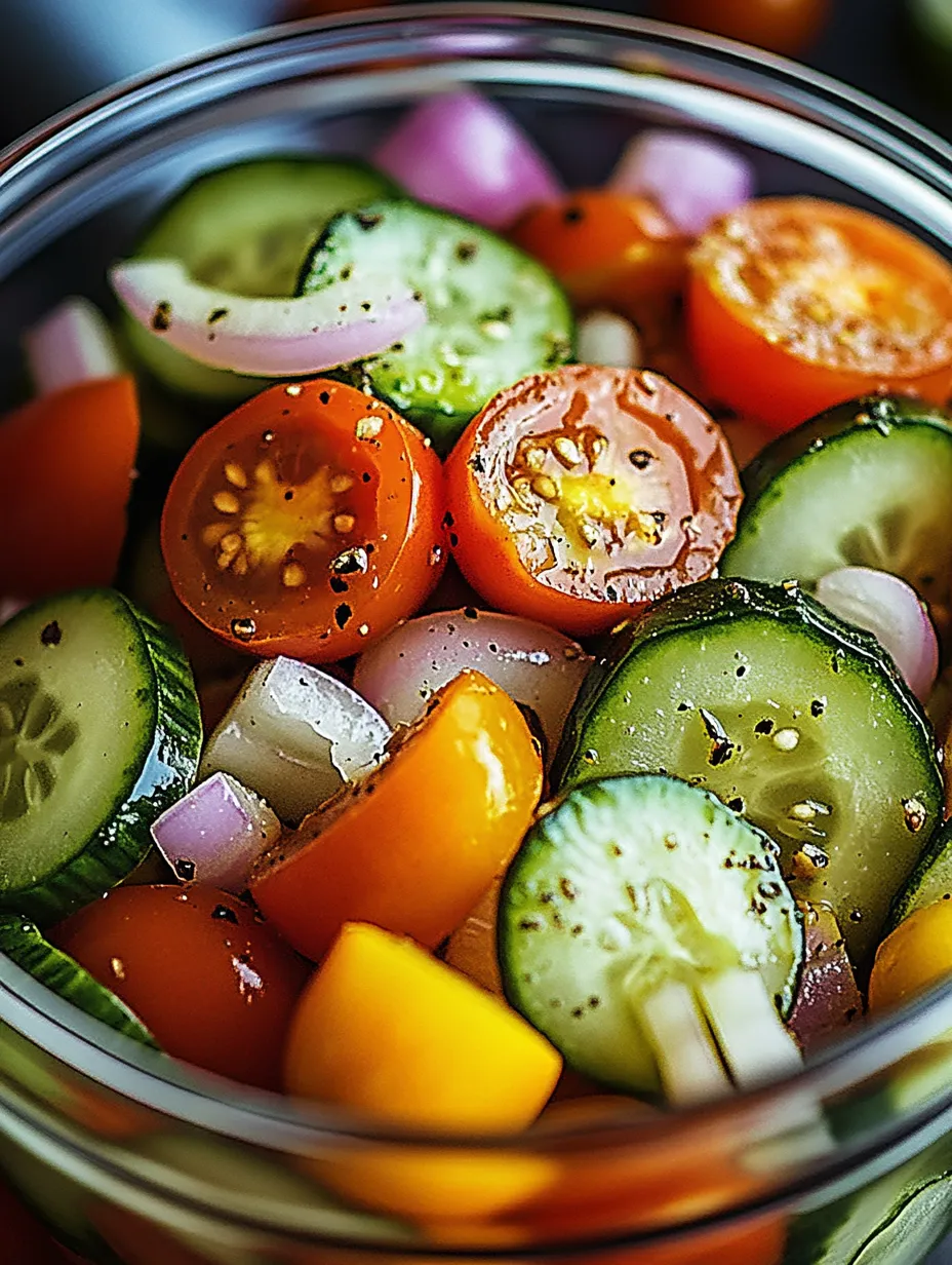 A bowl of vegetables including cucumbers, tomatoes, and onions.