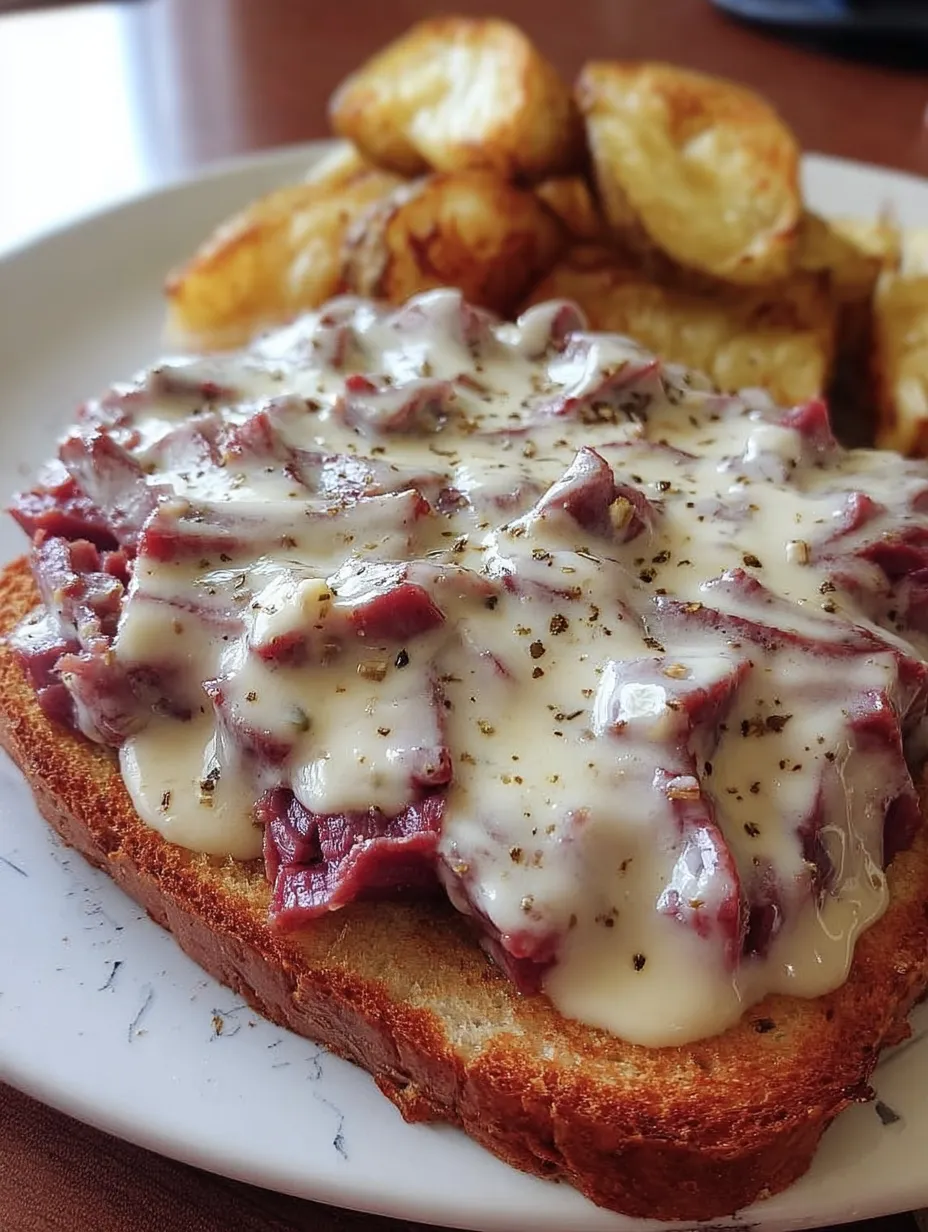 A plate of food with meat and cheese on a toast.