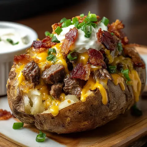 Close look at a potato loaded with bacon and cheese.