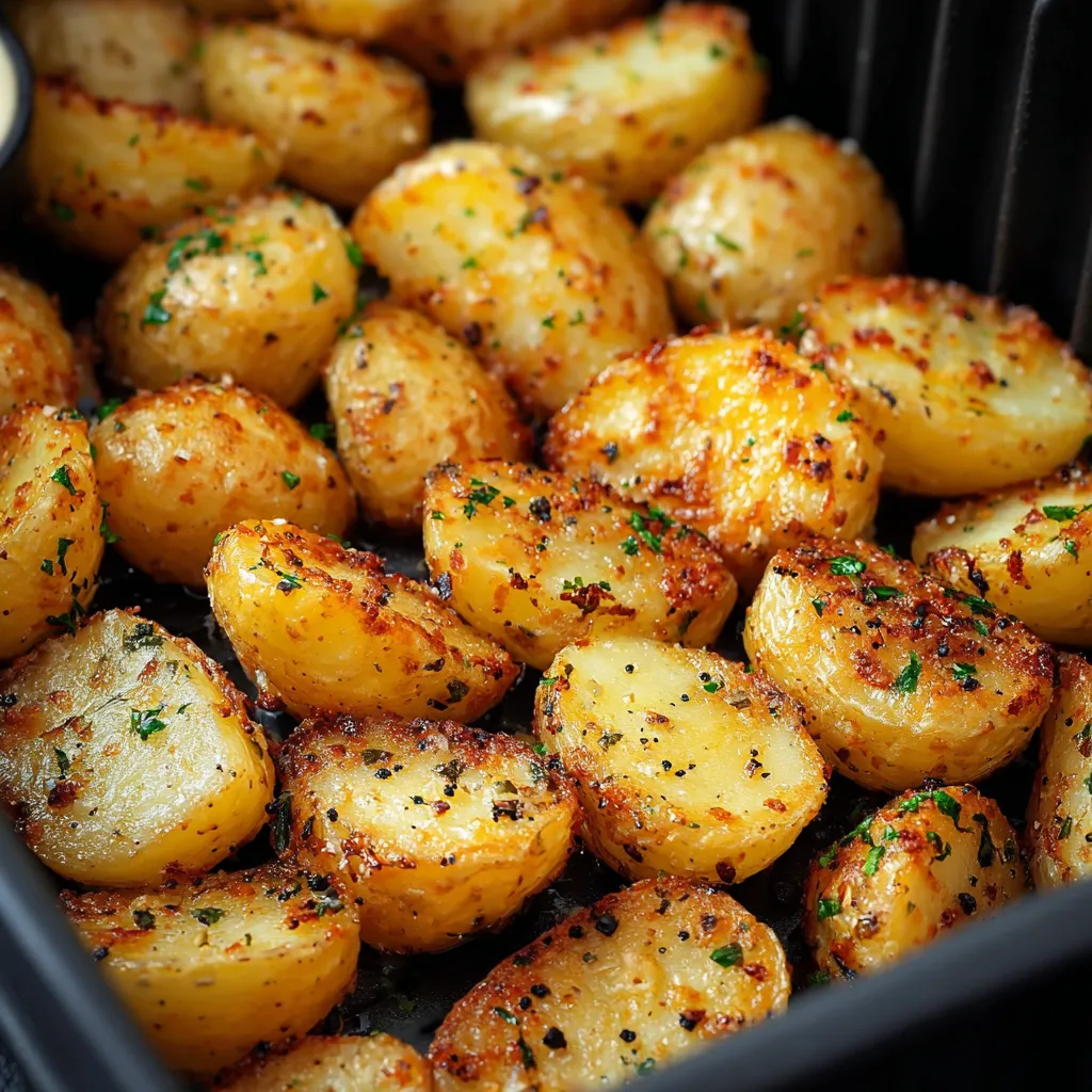 A tray of potatoes with herbs on top.