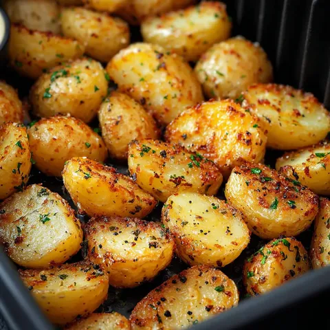 A tray of potatoes with herbs on top.