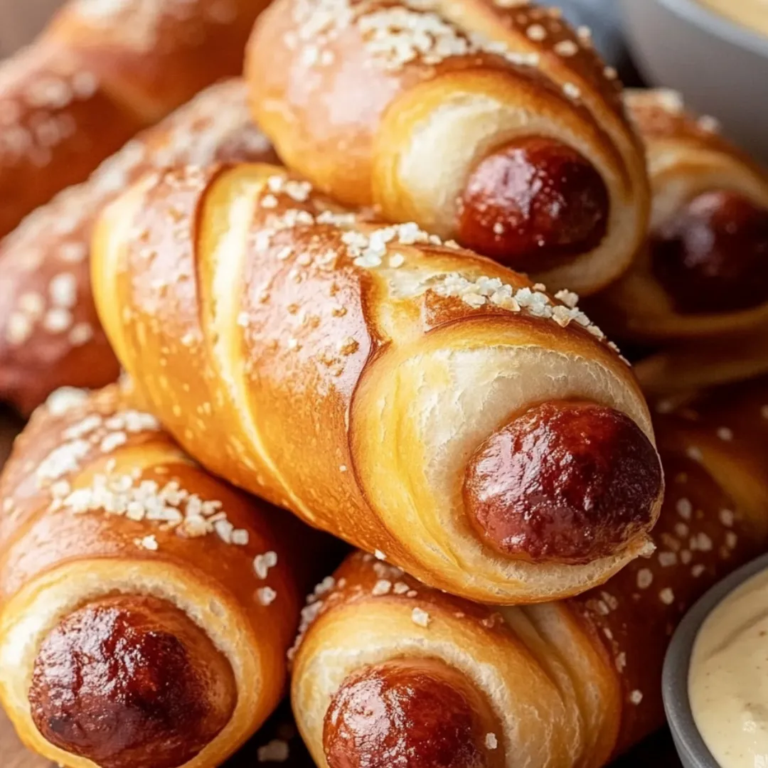 A stack of hot dogs with sauce.