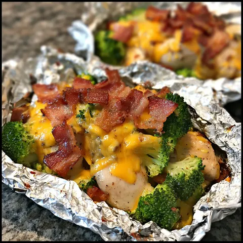 Foil-wrapped chicken, bacon, and broccoli dinner.