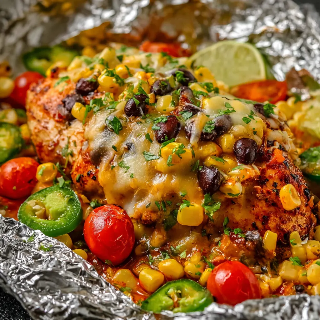 A foil wrapped dish with chicken, corn, tomatoes, and peppers.