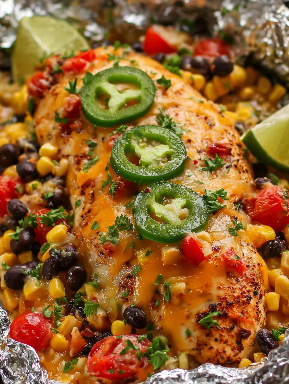 A plate of food with chicken, corn, beans, and jalapenos.
