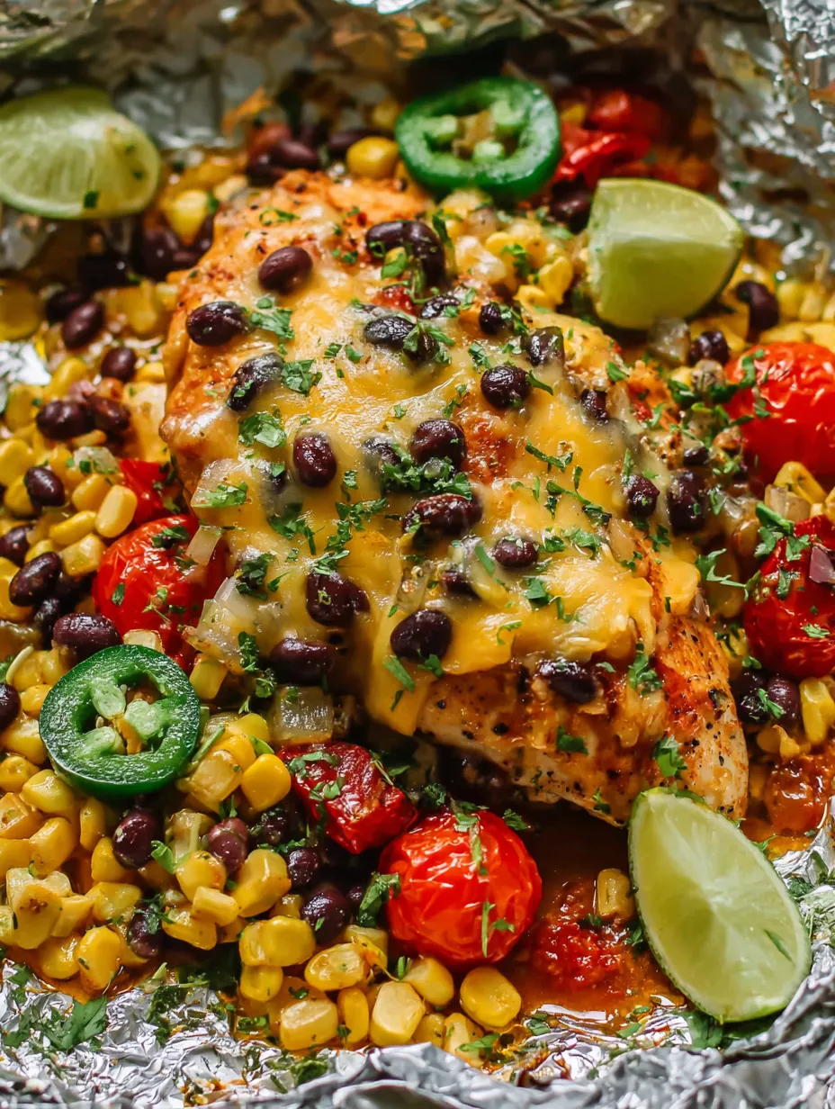 A plate of food with chicken, beans, corn, tomatoes, and limes.