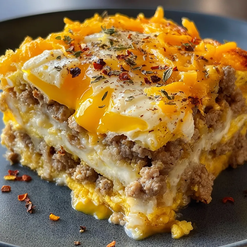 A slice of casserole with a fried egg on top.