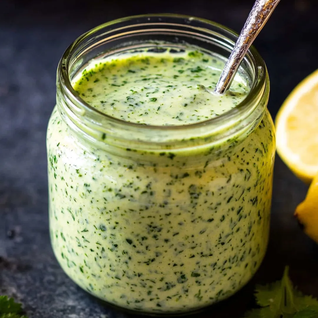 A jar of green sauce with a spoon in it.