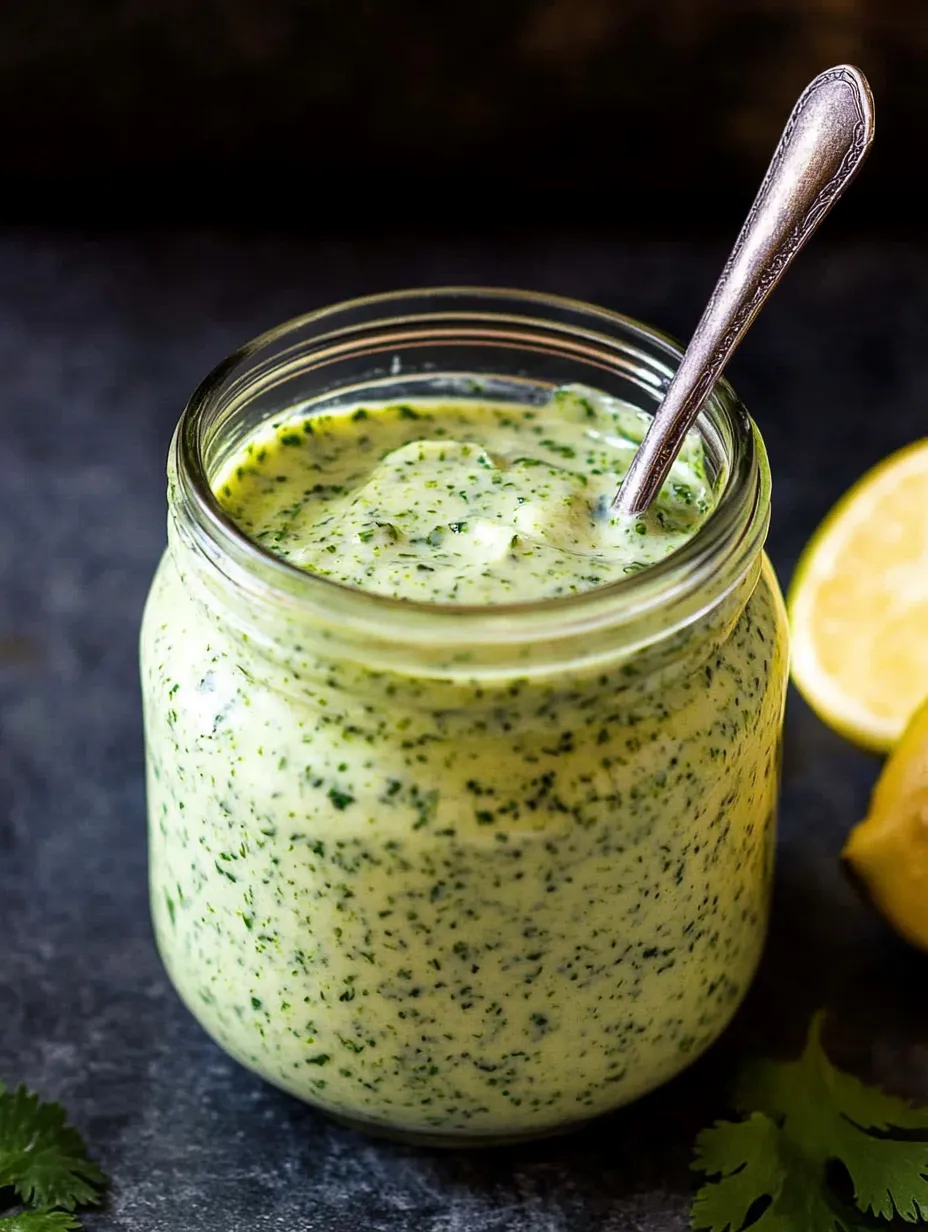 A jar of green sauce with a spoon in it.