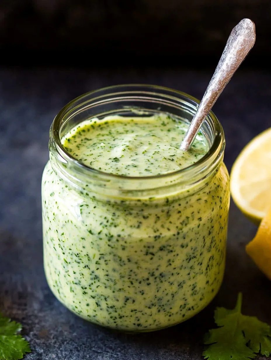 A jar of green sauce with a spoon in it.
