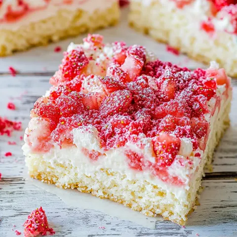 A slice of cake with strawberries on top.