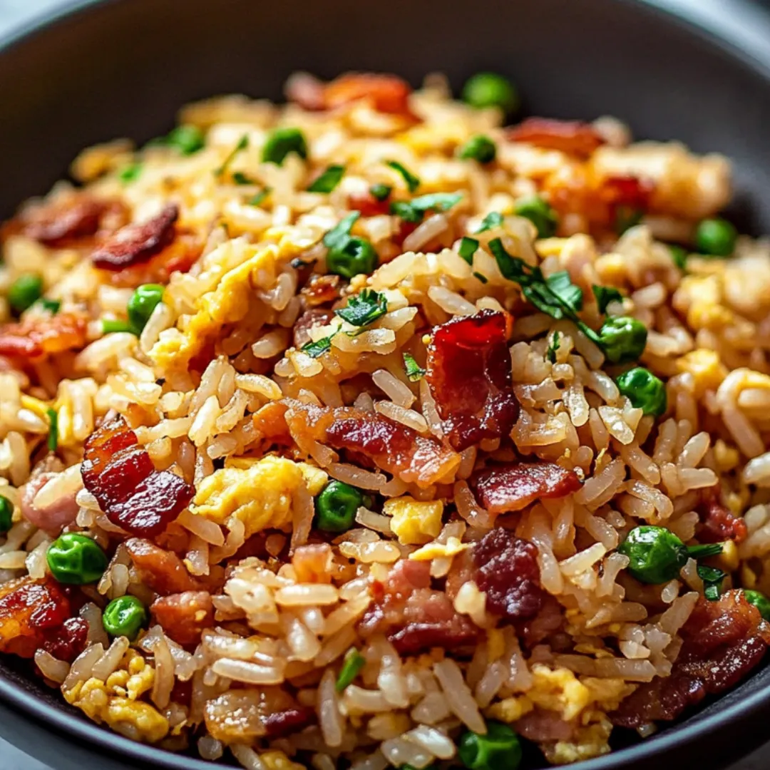 A bowl of rice with bacon and peas.