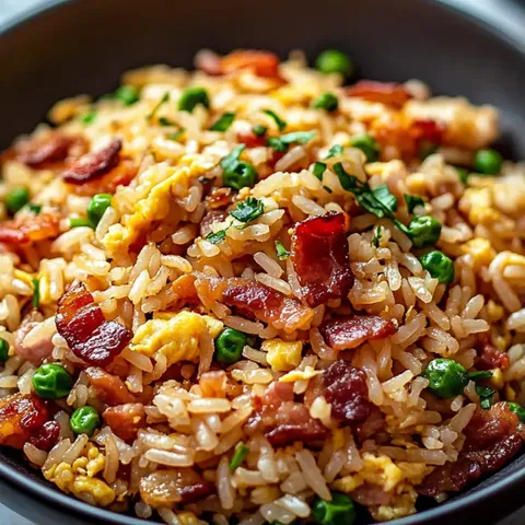A bowl of rice with bacon and peas.