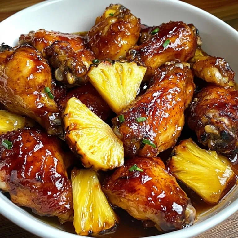 A bowl of chicken wings with pineapple.