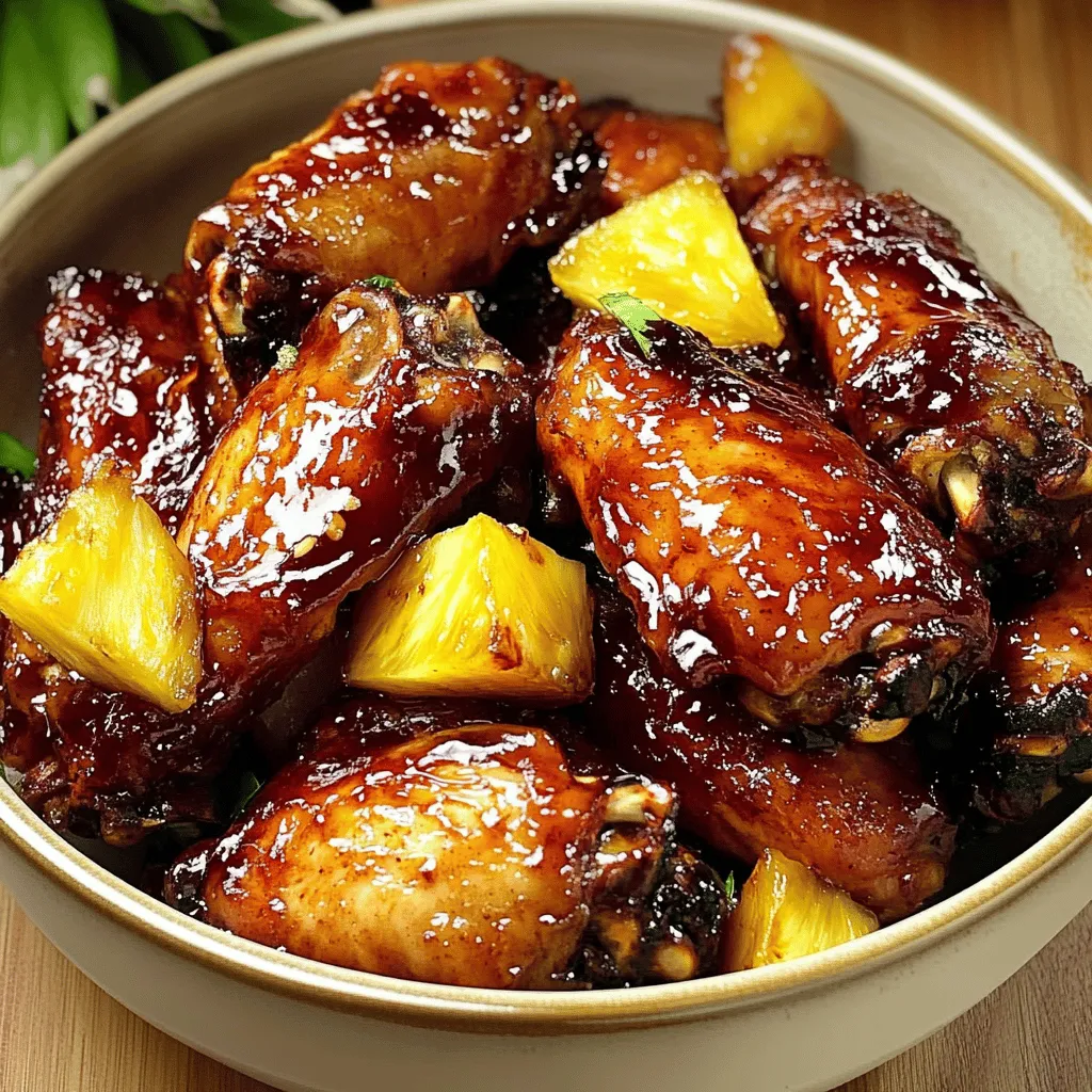 A bowl of chicken wings with pineapple and brown sauce.