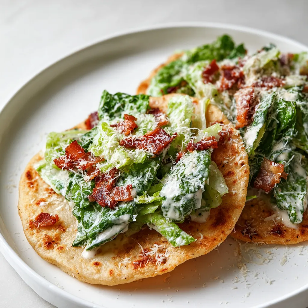 Plate holding greens, bacon, and chicken tacos.