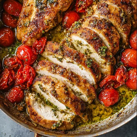 A pan of chicken with tomatoes and herbs.
