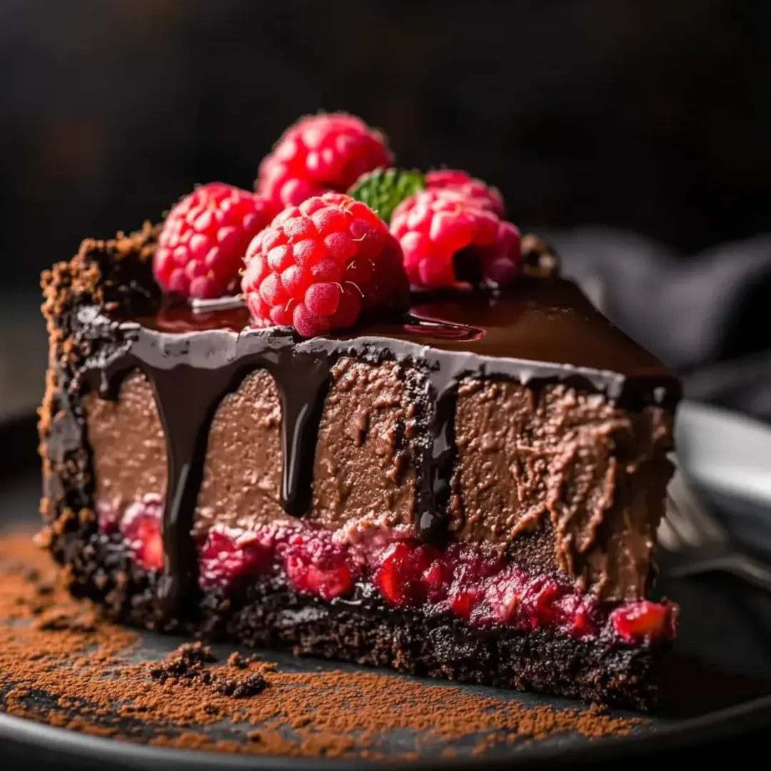Chocolate cake slice topped with juicy raspberries.