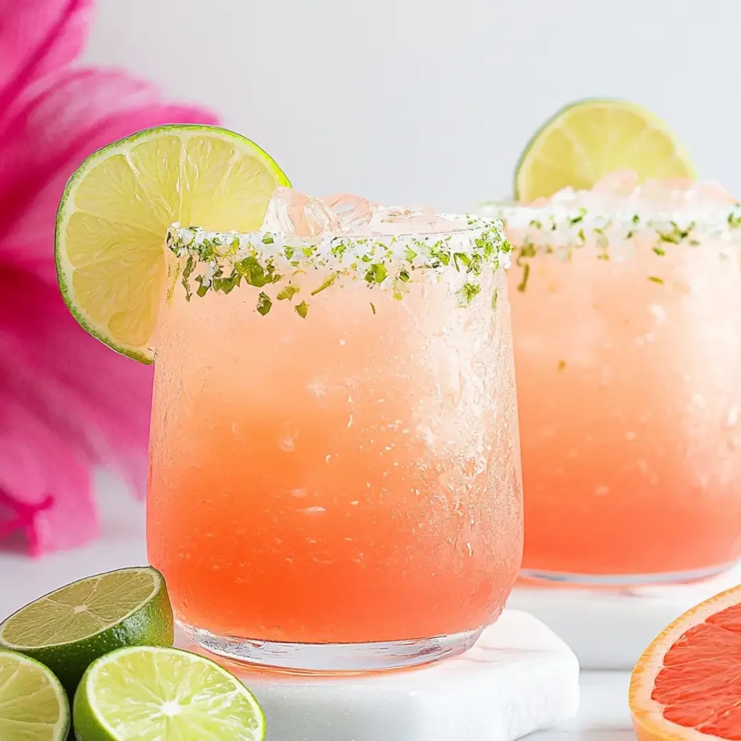 Two pink drinks over ice with lime wedges.
