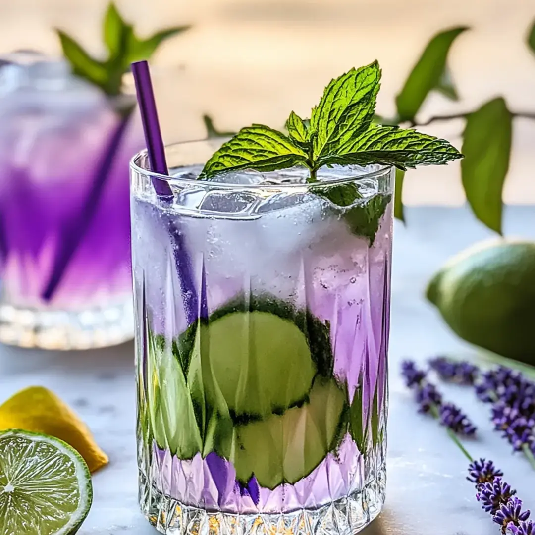 Purple mocktail topped with cucumber garnish in a clear glass.
