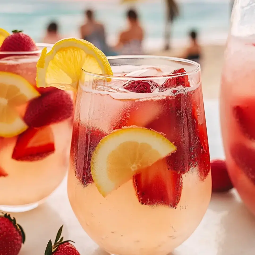 Two glasses filled with bright pink lemonade and strawberry slices.
