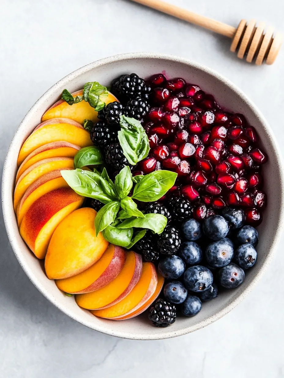 A bowl of fruit with blueberries, peaches, and blackberries.